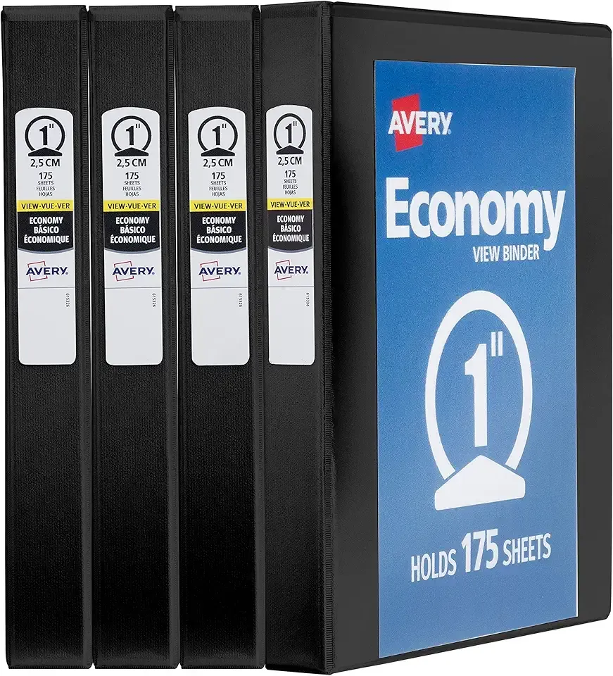 Avery Economy View 3 Ring Binders, Homeschool Supplies, Home Organization, 1" Round Rings, 4 Black Binders (05710)