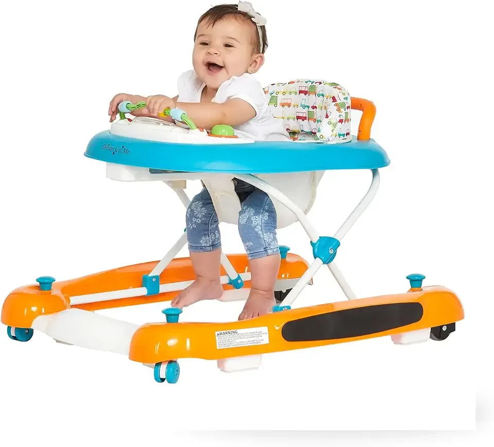 Dream On Me Go-Getter Baby Walker and Walk Behind Walker, Adjustable Seat Height, Comfortable Padded Seat, Easy to Fold, Pack and Store, Detachable Fun Tray, Orange