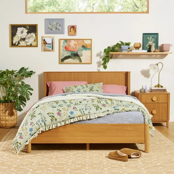 Beautiful Wrap Me Up Fluted Queen Bed by Drew Barrymore, Warm Honey Finish