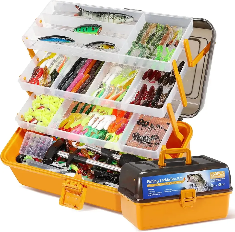 560Pcs Fishing Tackle Box Kit with Lures, Pliers, Hooks & Accessories - 4-Layer Waterproof Storage Box - Complete Fishing Gear Set for Freshwater/Bass Fishing - Ideal Gift for Men