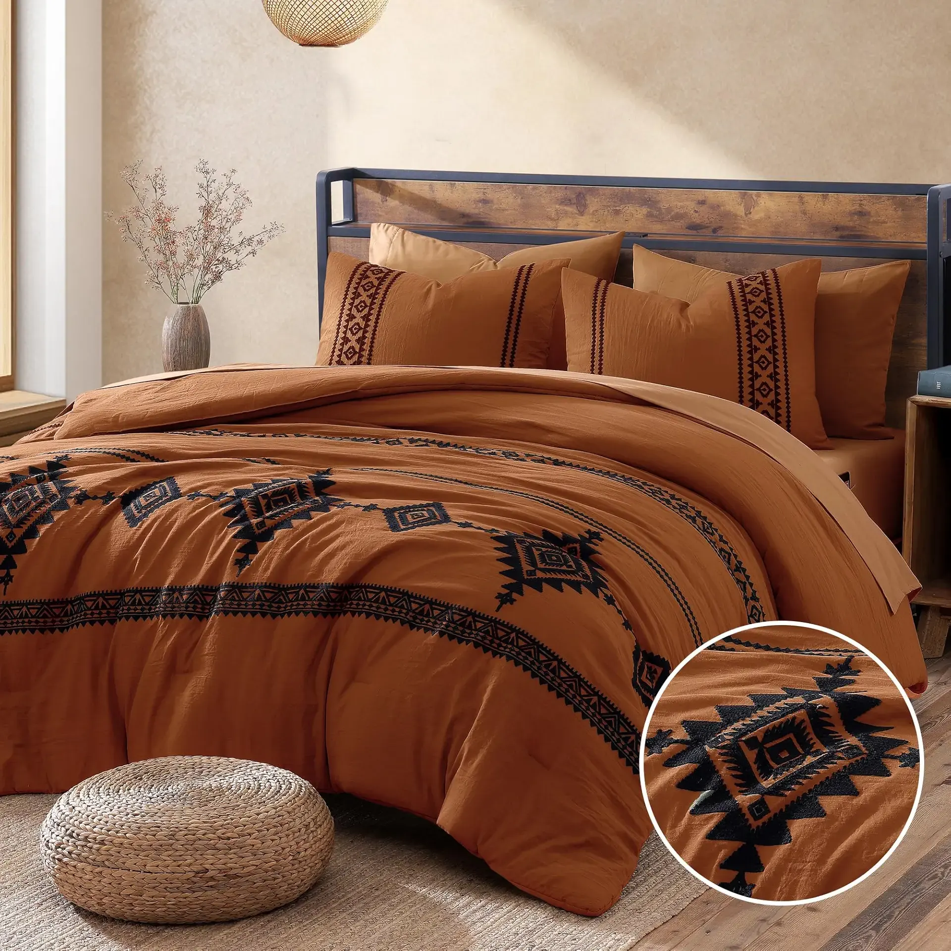 MaiRêve Embroidery Comforter Set, Boho Farmhouse Western Bedding Set, All Season Bed in A Bag Comforter Set with Sheets, Pillowcases & Shams, Burnt Orange Queen 7 Pieces