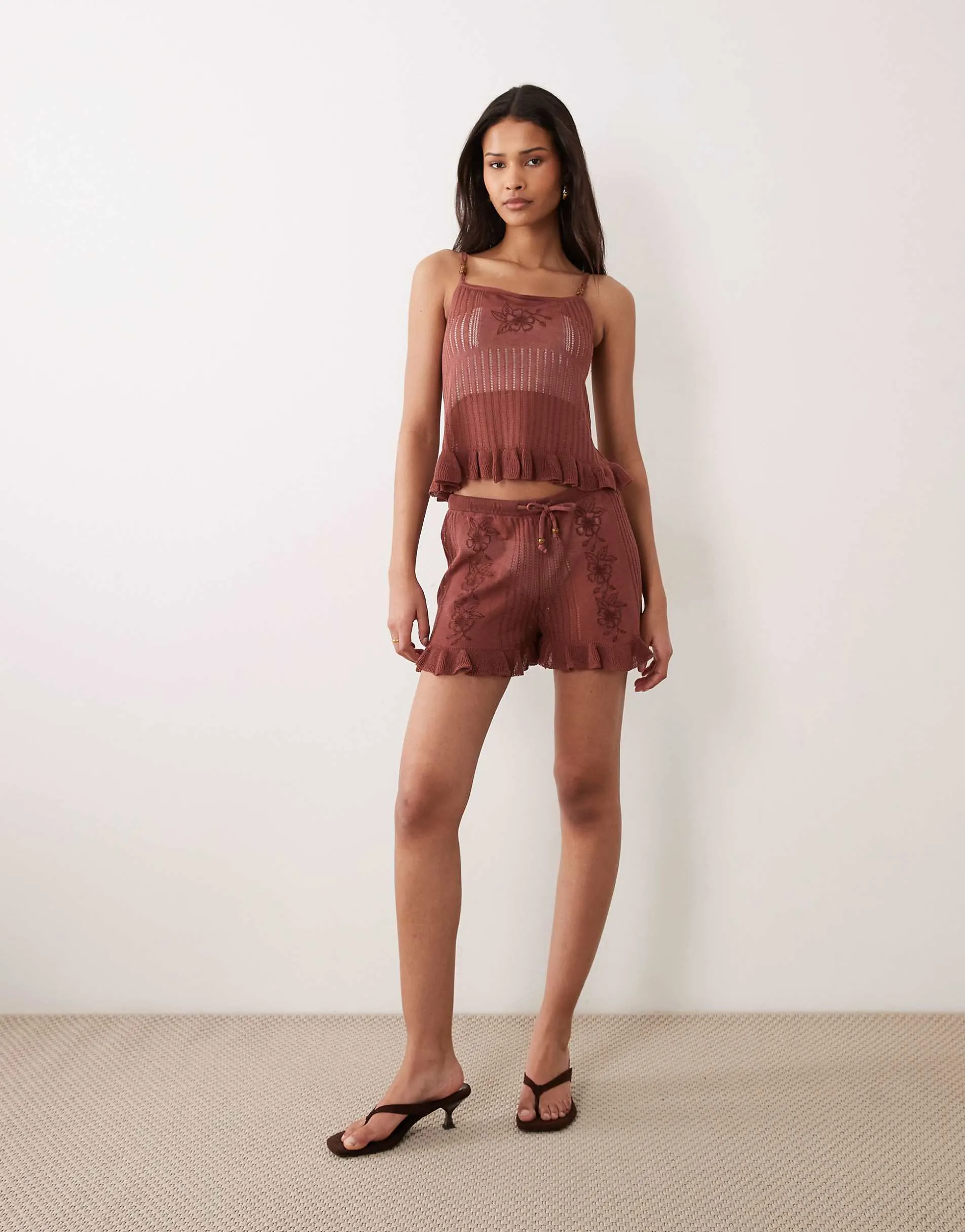 Miss Selfridge embroidered sheer knit in chocolate