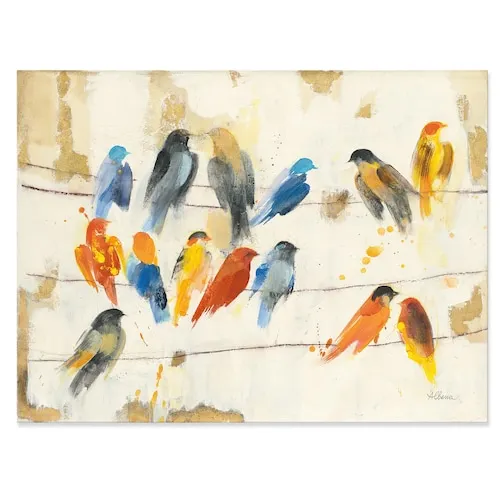 Designart 'Multicolor Bird Meeting' Traditional Animal Premium Canvas Wall Art - 32x16