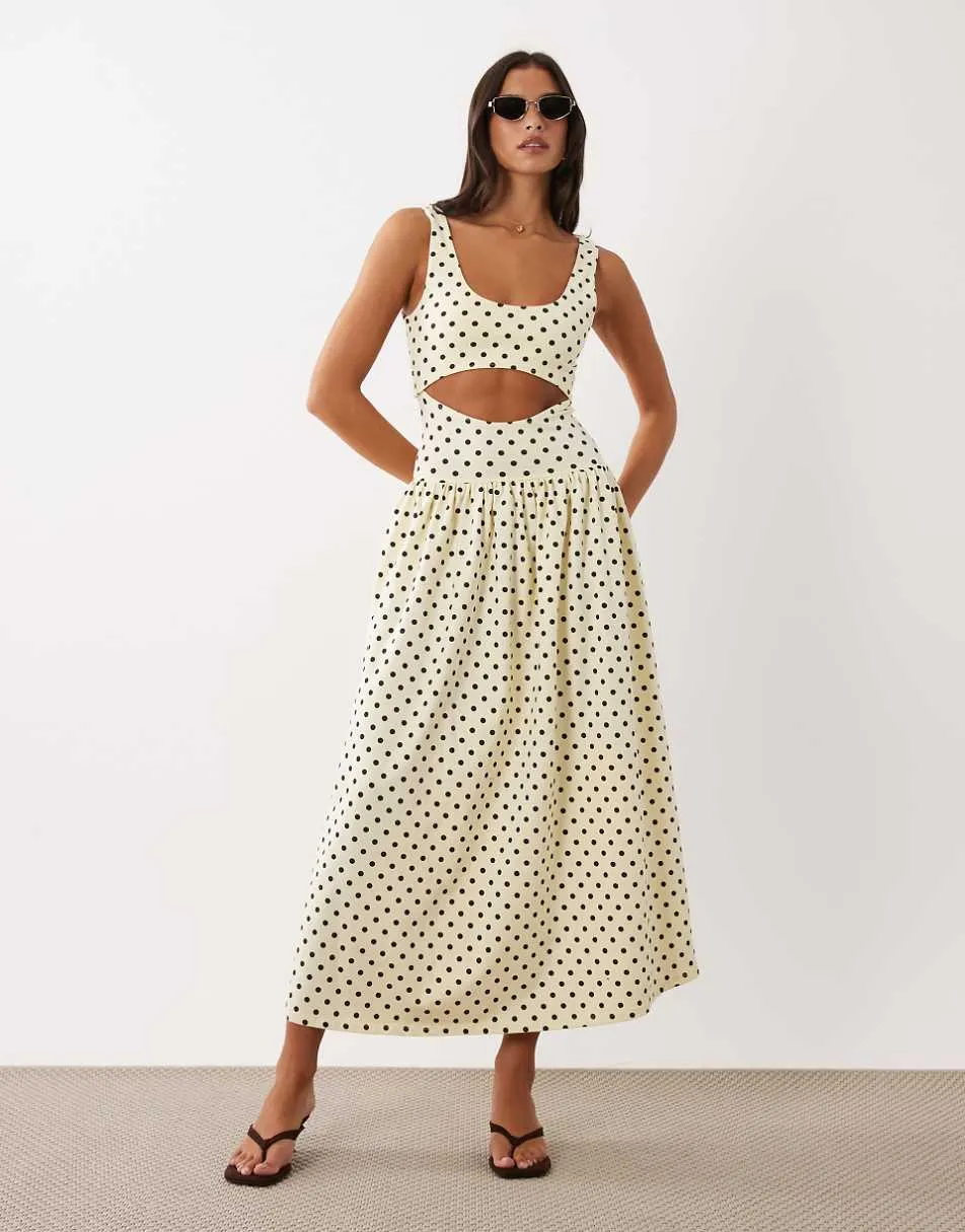 ASOS DESIGN cut out detail midaxi dress in yellow polka dot