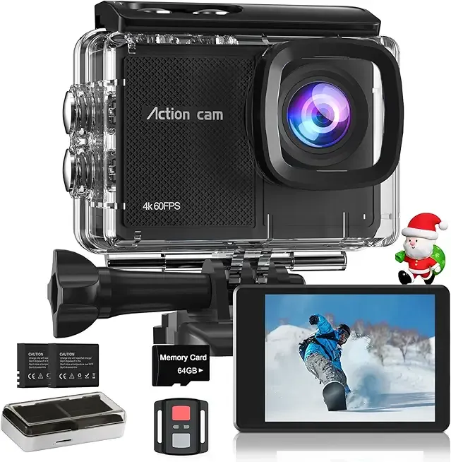 4K 60FPS Action Camera with 64GB Card-48MP Waterproof Camera,40M Underwater Camera,8X Zoom,EIS Stabilization,WiFi,Remote Control,MotorcycleCamera with 2 Rechargeable Batteries