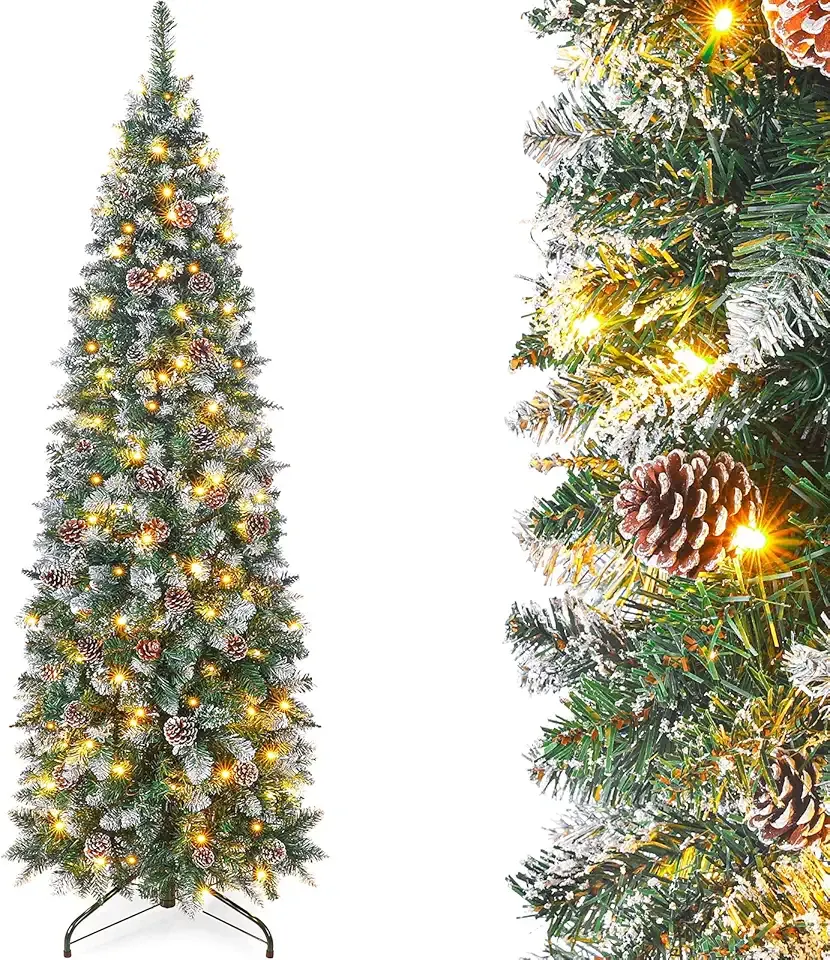 Homde Pencil Christmas Tree 5 Foot Pre-Lit Artificial Christmas Tree with Flocked Snow Pine Cone 140 Warm White Light Holiday Decor