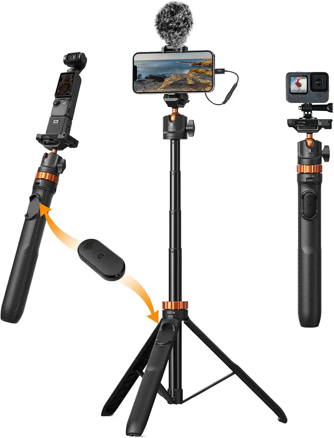 K&F CONCEPT 62'' Phone Selfie Stick Tripod | 360° Ball Head Camera Tripod with Remote, 2-in-1 Phone Holder Compatible with DJI Osmo Pocket 4/3 Insta360 Luna Ultra. MS08