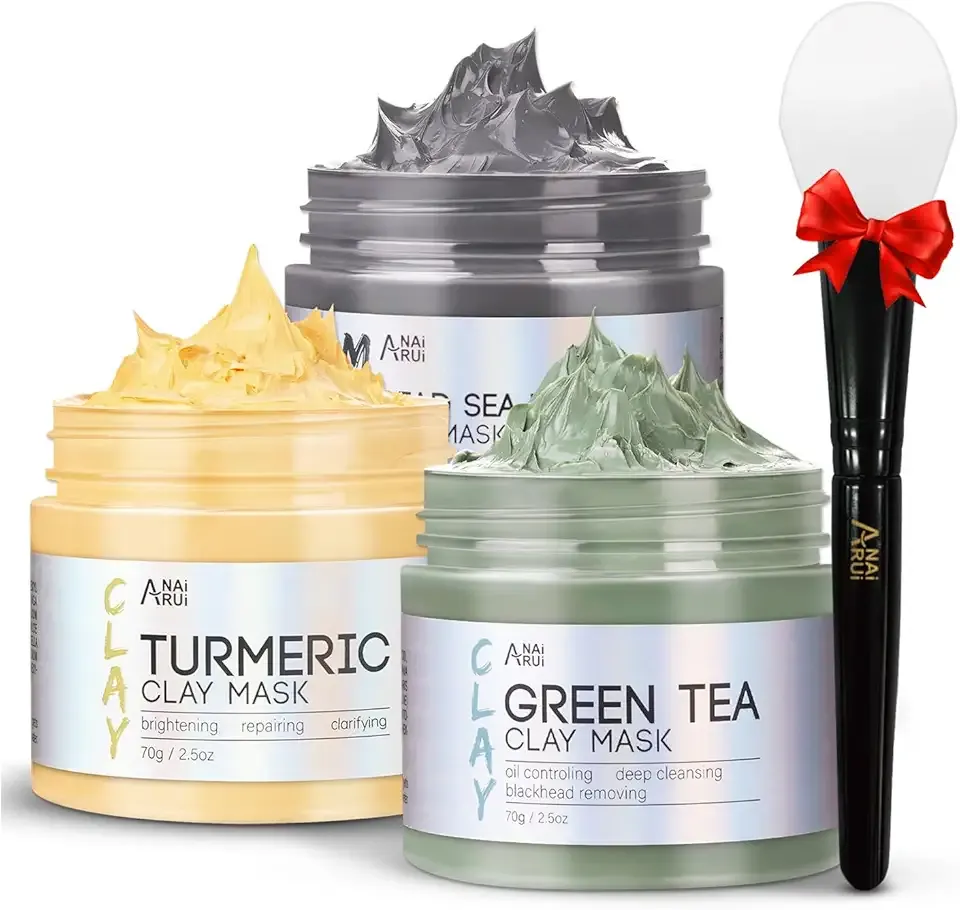 ANAI RUI 3Pcs Face Mask Set, Turmeric Clay Mask - Green Tea Face Mask - Dead Sea Minerals Mud Mask, Holiday Gift Set, Stocking Stuffers for Women &Teen Girls, Self Care Gifts for Women 2.5 oz each