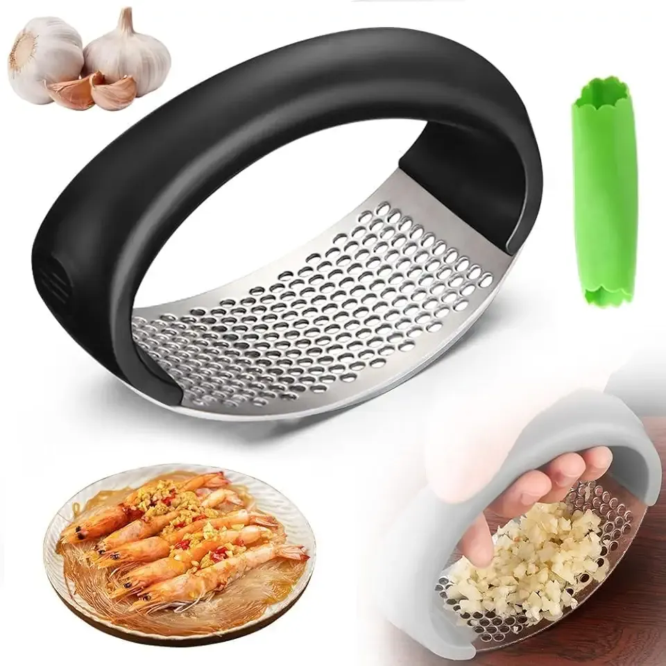 Garlic Press Rocker - 2024 NEW Stainless Steel Garlic Mincer Garlic Crusher with Peeler, New Innovative Garlic Chopper with Peeler and Scraper for Smash Garlic (Black 1PCS)