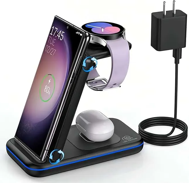 Wireless Charging Station for Samsung/Android, Fast Wireless Watch Charger Station Compatible for Samsung Galaxy S25 Ultra/S24/S23+/Z Flip 7/6 Fold 7/6, Watch8/7/Pro/Active 2 Galaxy Bu…