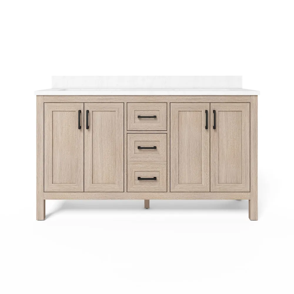 Home Decorators Collection Ellia 60-inch W 4-Door & 3-Drawer Oak Wood Bathroom Vanity Double Undermount Sinks with White Engineered Stone Top