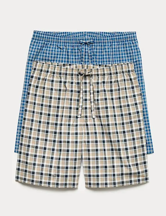2er-Pack karierte Pyjamashorts aus reiner Baumwolle