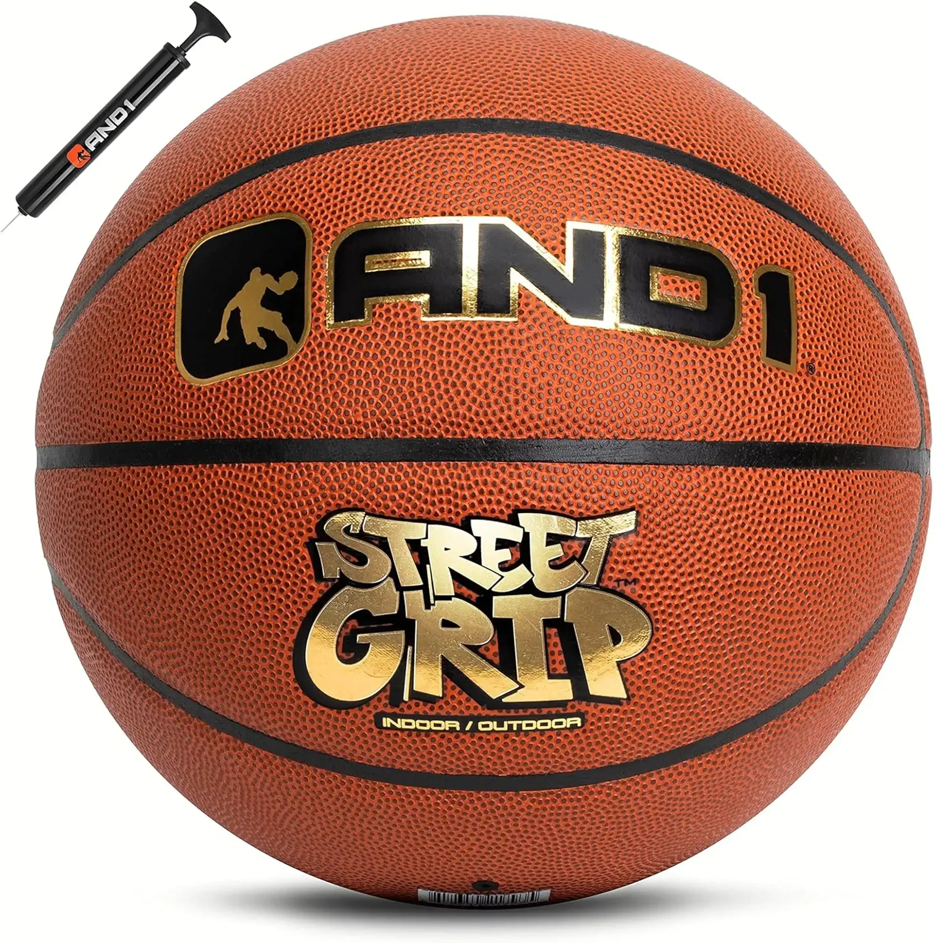 AND1 Street Grip Premium Composite Leather Basketball & Pump- Official Size 7 (29.5”) Streetball, Made for Indoor and Outdoor Basketball Games
