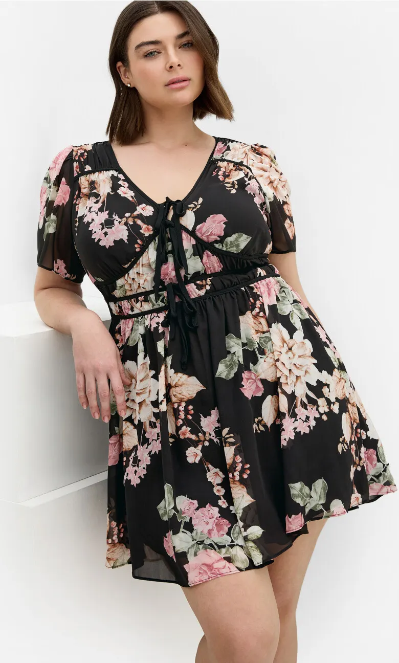 Cara Floral Print Mini Dress - black