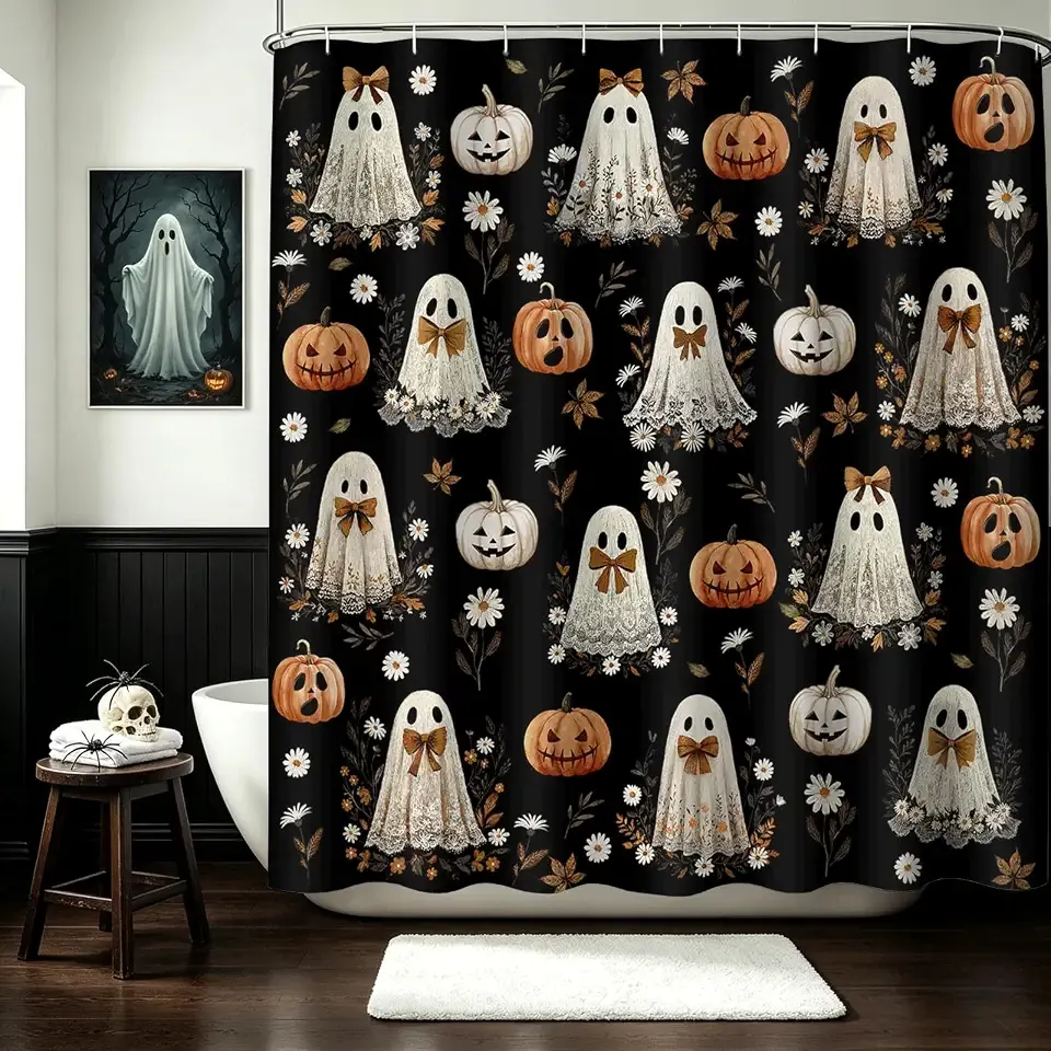 Halloween Shower Curtain Black Vintage Pumpkin Spooky Ghost Shower Curtain | 72 X 72 Inch Waterproof Washable Shower Curtain Gothic Floral Evil Pumpkin Halloween Bathroom Deocr Set