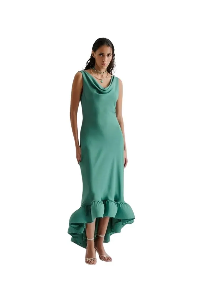 Alia Cowl Neck Ruffled Maxi Dress - Deep Aqua