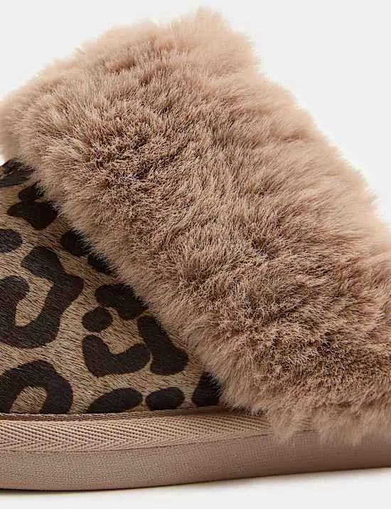 Suede Leopard Print Mule Slippers