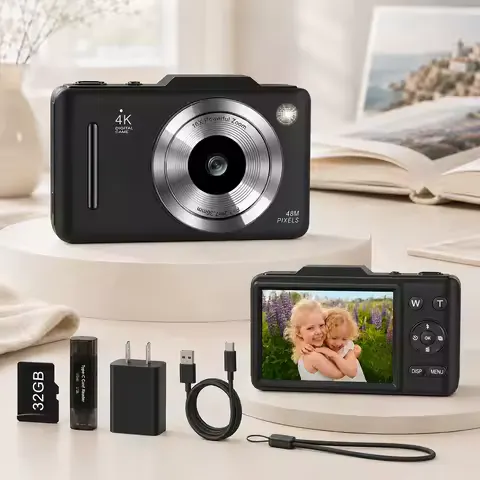 4K Digital Camera For Teen Students, 48MP Compact Photo Video Camcorder With 16X Digital Zoom, Portable Point‑and‑Shoot Camera With 32GB Card For Travel Daily Self‑Shooting