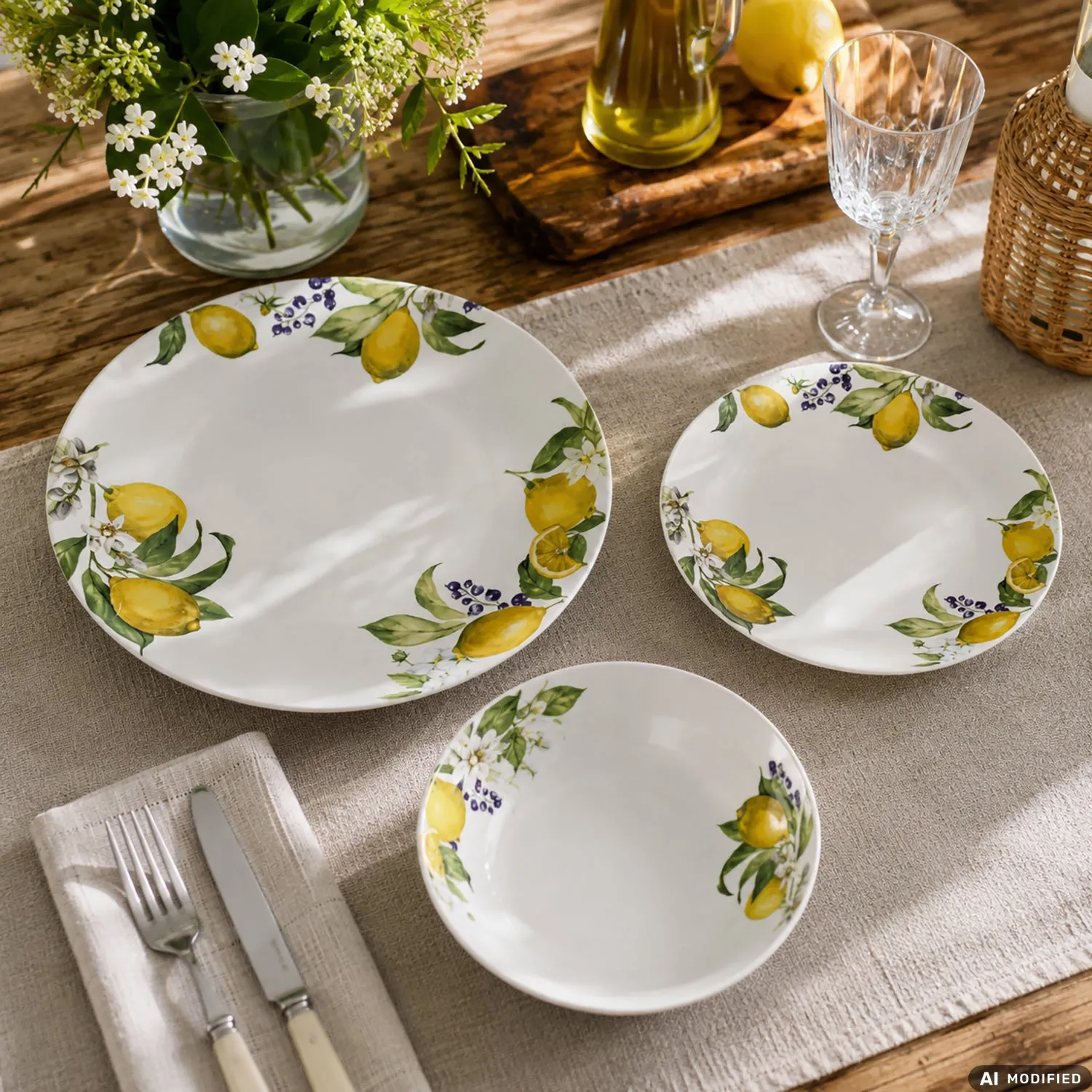 Servizio di Piatti Linea Mediterranea Decorazione Limoni in Porcellana 18 Pezzi