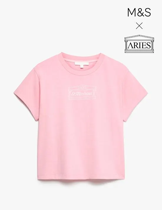 Kurzes T-Shirt aus reiner Baumwolle mit Motiv