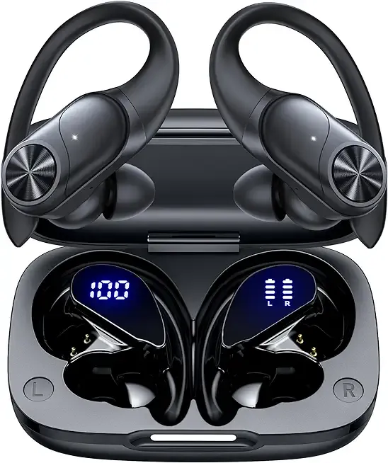 PocBuds Bluetooth Headphones Wireless Earbuds 80hrs Playtime Wireless Charging Case Digital Display Sports Ear Buds with Earhook Deep Bass IPX7 Waterproof Over-Ear Earphones for TV Phone Laptop Black