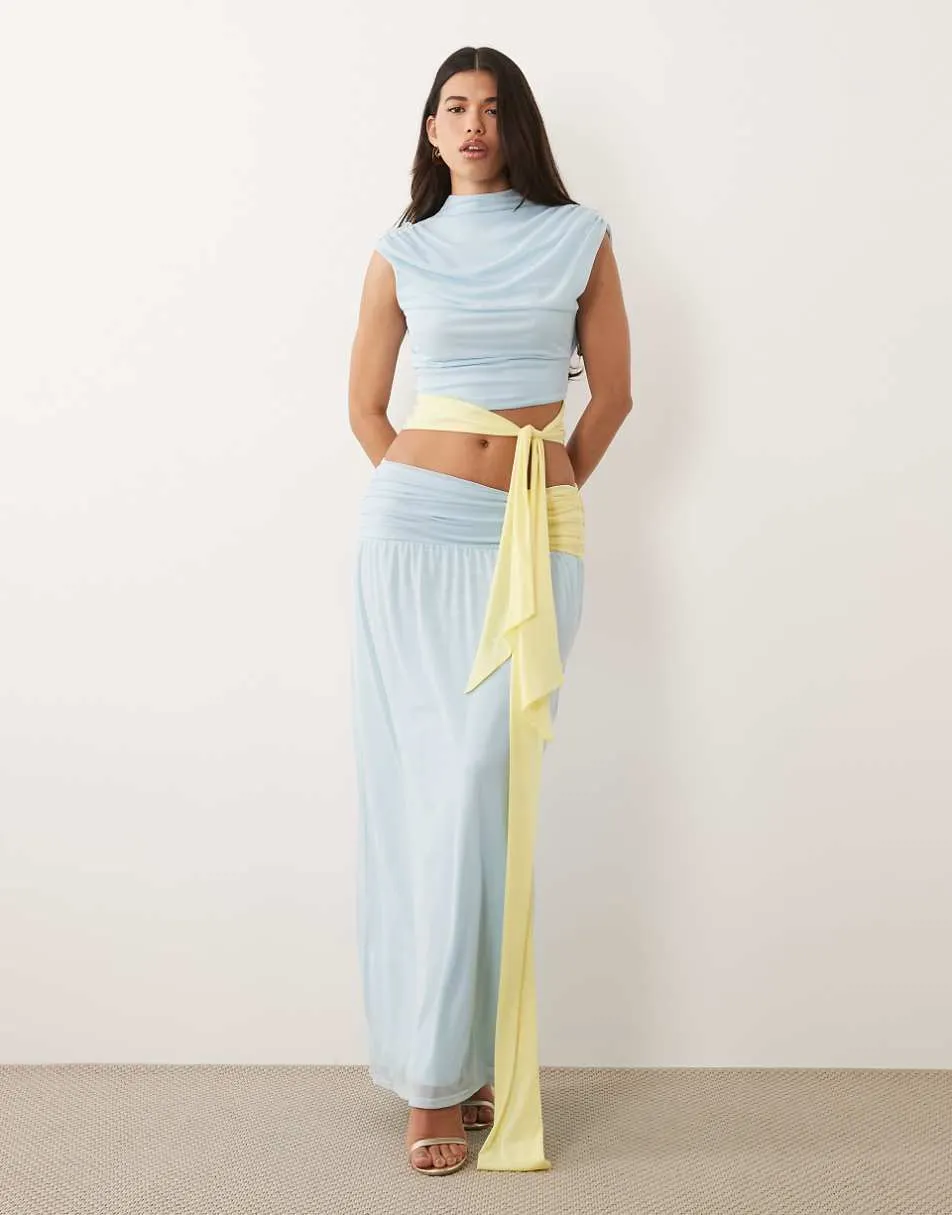 ASOS DESIGN mesh colour block maxi skirt with sash in blue