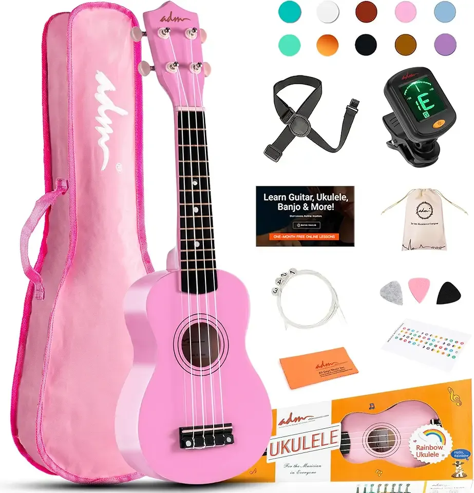 ADM Ukulele for Beginners Hawaiian Wood Ukelele Kit for Kids Adult Student Starter Professional Ukalelee Pack Bundle with Free Lessons Gig Bag Strap Nylon String Tuner (Pink, 21 Inch)