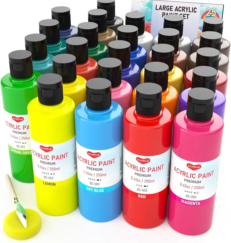 25 Colors Large Acrylic Paint Set (8.45 oz, 250 ml), Bulk Acrylic Paint Non-Toxic Art Painting Supplies on Multi Surface Canvas Wood Craft Fabric Rock for Artist Beginner with Color Wheel