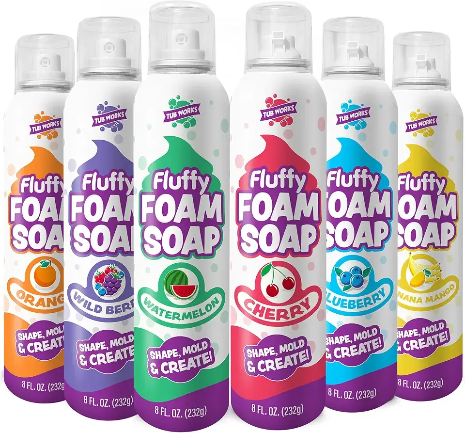 Tub Works® Fluffy Foam Soap, Variety 6 Pack | Shape, Mold & Create Bath Art with Soft Bath Foam for Kids | Gentle, Cleansing Kids Bath Soap | Easy-to-Use Spray Nozzles | Fruity, Fun Bath Colors