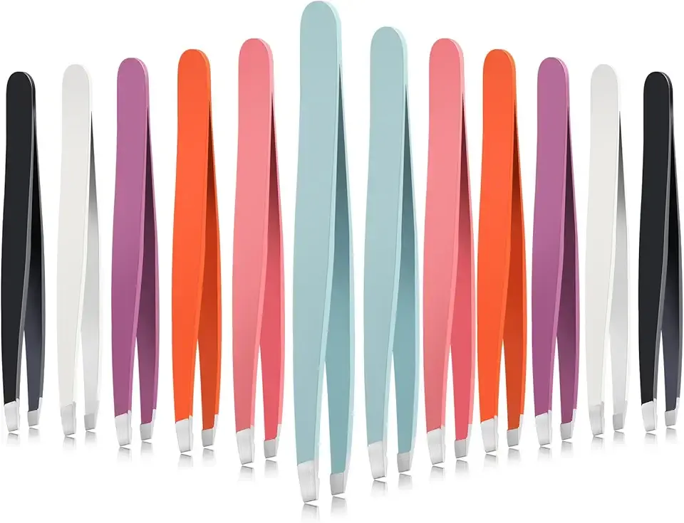 Mudder 12 Pcs Eyebrow Tweezers Set for Facial Hair Stainless Steel Slanted Tip Tweezers in Bulk for Men and Women(Multicolor)