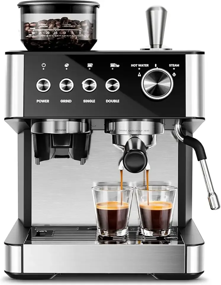 Kismile 15 Bar Espresso Machines with Grinder, Professional Espresso Maker with Removable Water Tank, Milk Frother Steam Wand for Latte&Cappuccino,Hot Water Function for Home (Black)