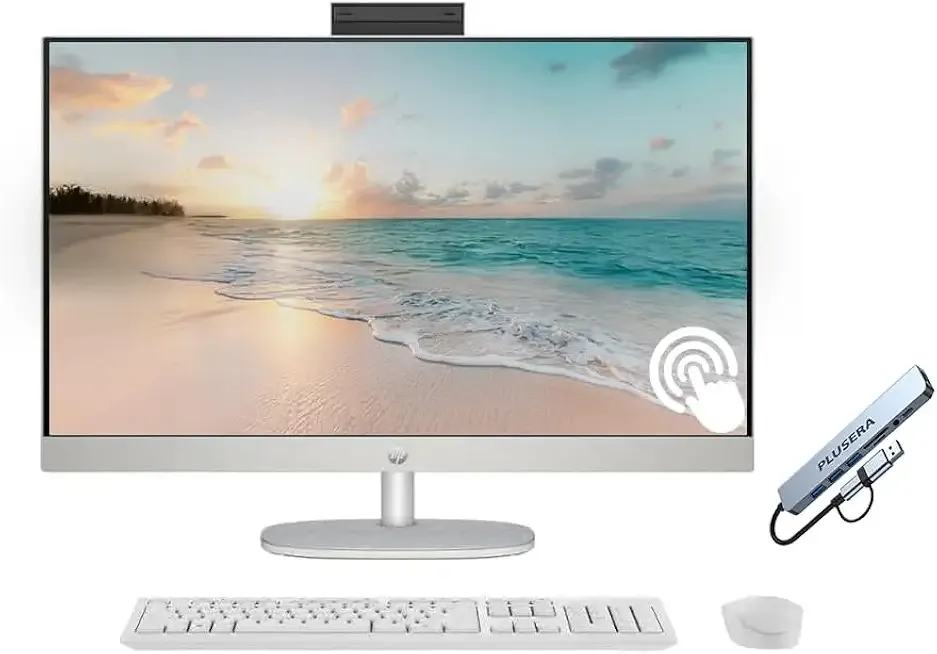 HP 27" FHD Touchscreen All-in-One Desktop Computer, Quad-Cores Ryzen 5 7520U, 16GB RAM 1TB SSD, Windows 11, Wireless Keyboard & Mouse, PLUSERA 8-in-1 Hub Included, White