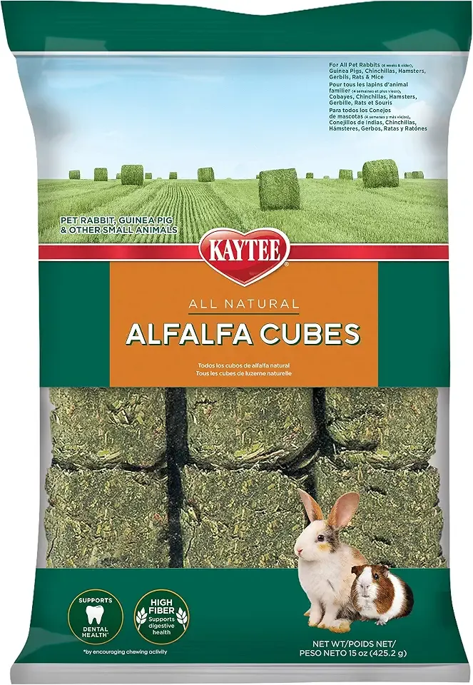 Kaytee Alfalfa Cubes for Rabbits and Guinea Pigs, 15 Oz | Fiber-rich rabbit treats. Sun-cured alfalfa cubes for guinea pig treats. High protein, no artificial colors or preservatives