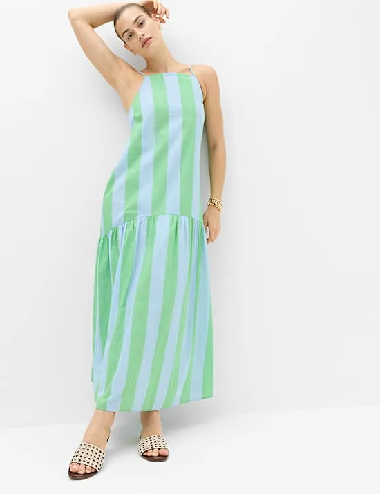 Maxi-Strandkleid mit Trägern aus reiner Baumwolle mit eckigem Ausschnitt
