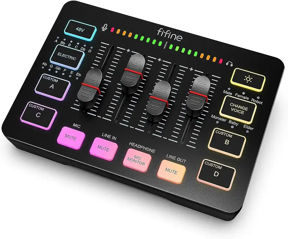 FIFINE Ampligame SC3 Gaming Audio Mixer with Indi-Fader and Volume Control | USB PnP for PC,Mute Button,XLR Preamp,RGB,VoiceChanger,48V Phantom Power,Monitoring,Podcast,Recording,Vocal,Streaming
