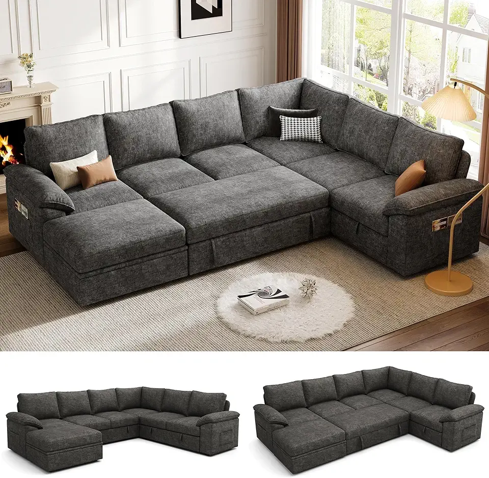 108 Inch Sectional Sleeper Sofa with Pull Out Bed, U Shaped 7 Seat Modular Sectional Sofa with Storage, Sectional Couches for Living Room, Cloud Modular Couch,Removable Sofa Cover, Dark Grey