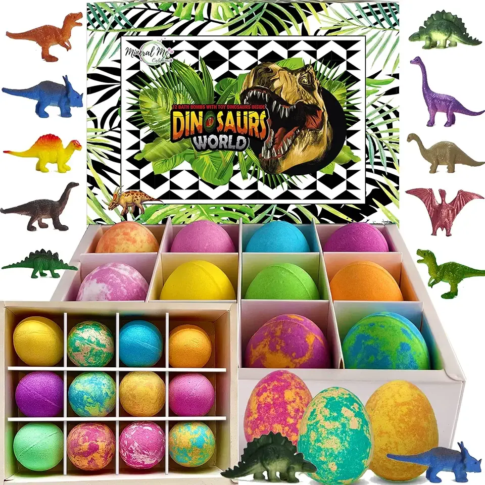 Bath Bombs for Kids with Surprise Inside - 12 Dinosaur Bath Bombs with Toys, Organic Colorful Bubble Bath Fizzies, Dino Egg Bath Bomb w/Rich Bubbles, Birthday Gifts for Kids, Boys, Girls