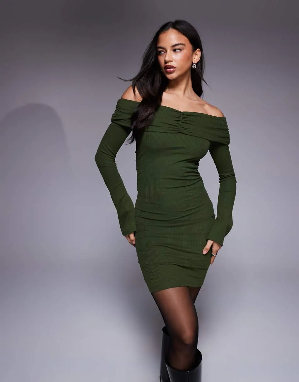 ASOS DESIGN ribbed ruched bardot mini dress in khaki