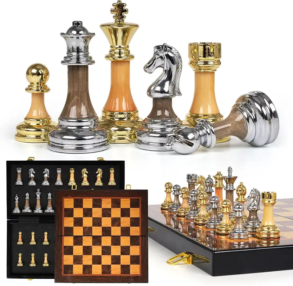 Luxury Large Metal & Acrylic Chess Set with Wooden Chess Board (17”) – Weighted Chess Pieces with 3.5” King, Foldable Tournament Chess Set for Adults and Kids, Professional Chess Game Set