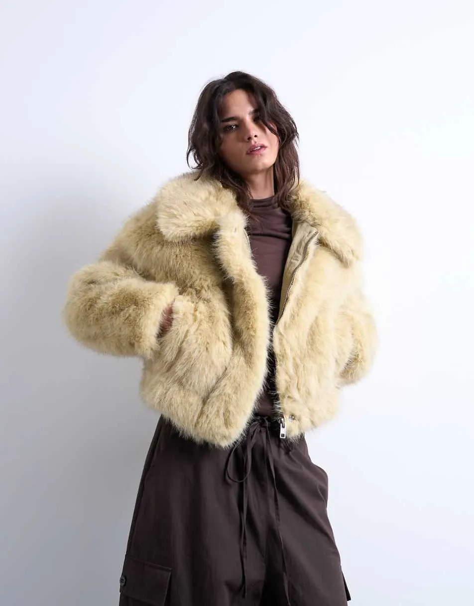 Topshop faux fur zip thru bomber jacket in buttermilk