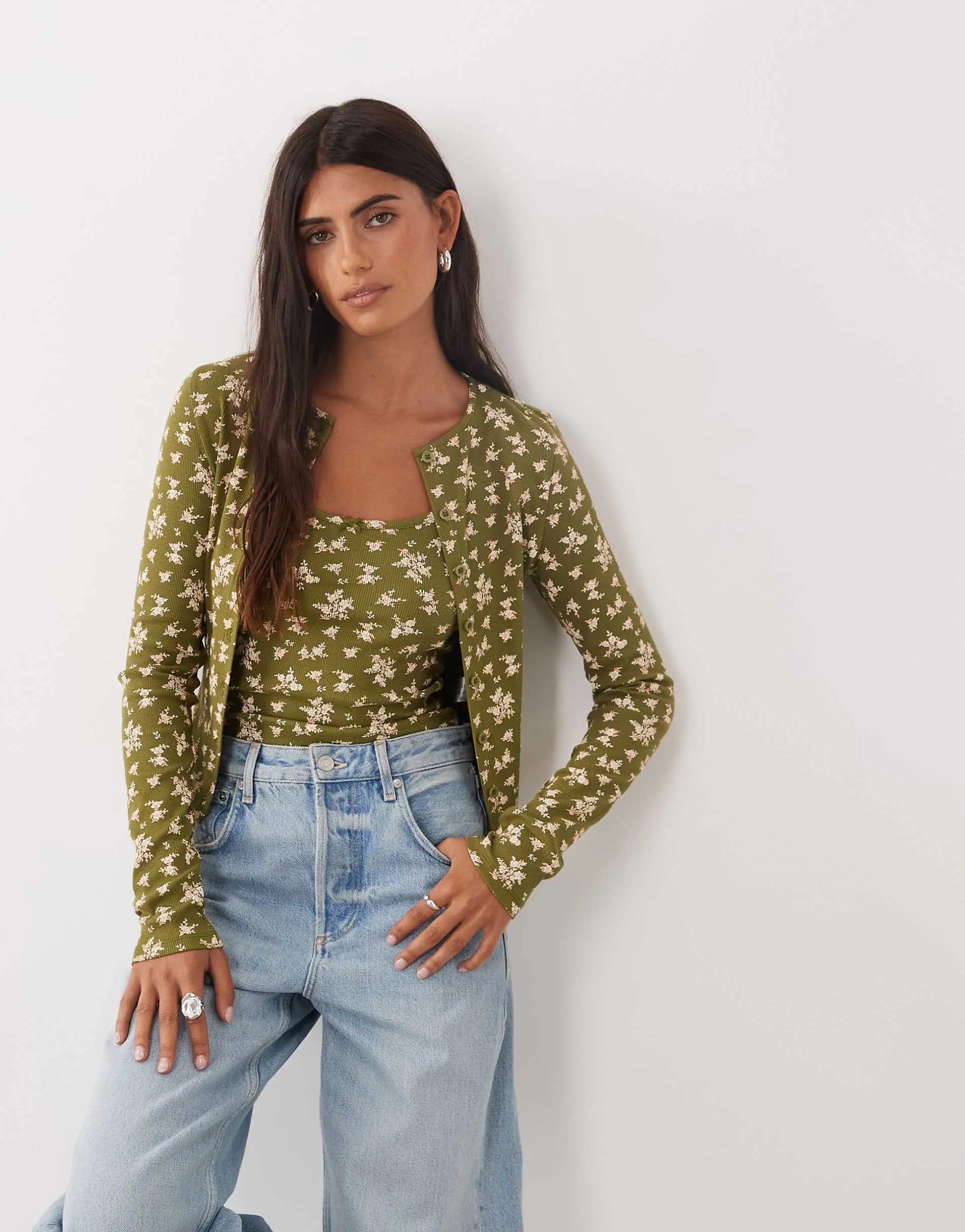 Miss Selfridge ribbed cardigan and cami set in ditsy print