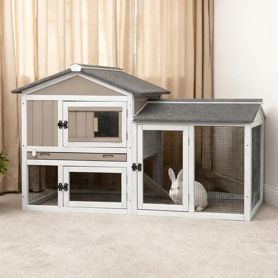Rabbit Hutch 2-Story Bunny Cage with Chew-Proof Ramp Slide for Indoor Outdoor Guinea Pig Cage with Cleaning Tray & Waterproof Roof for Small Bunny Rabbit Chicken