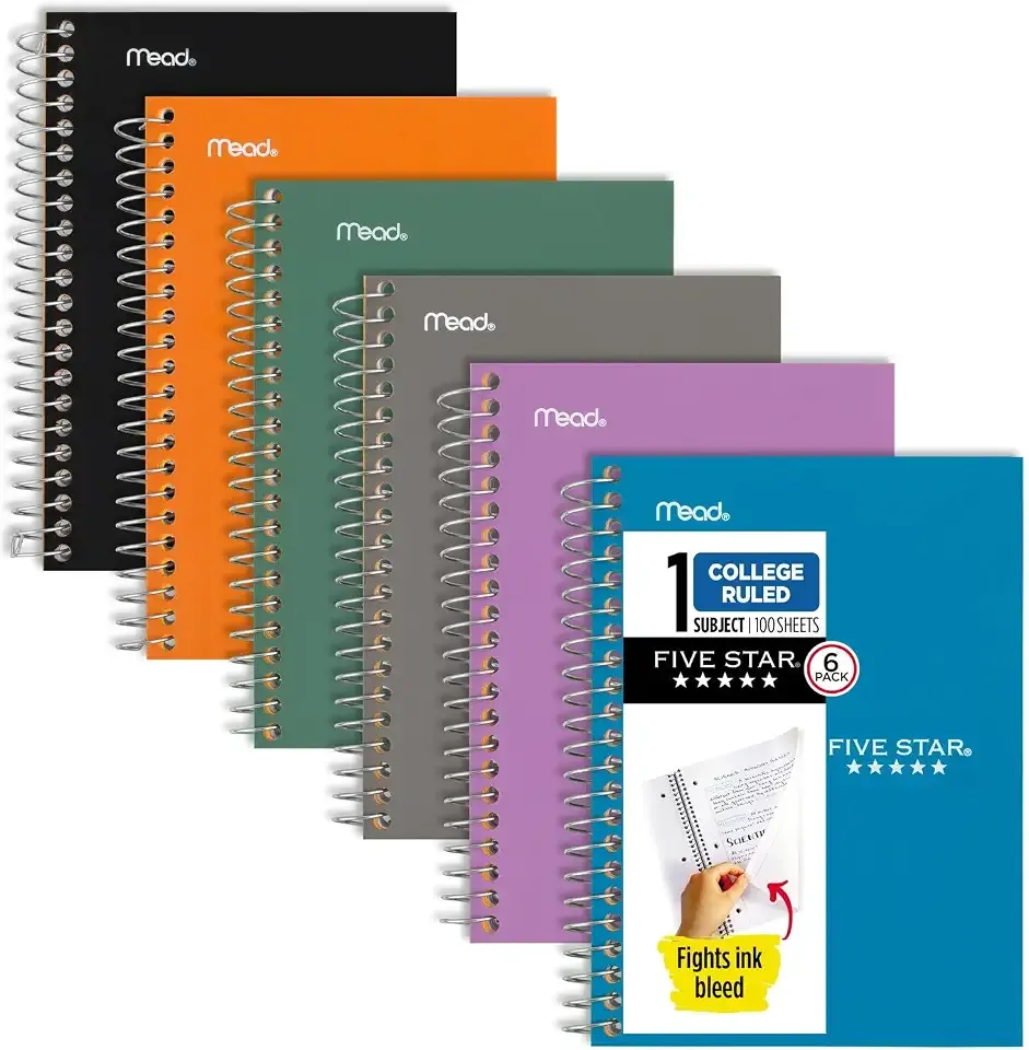 Five Star Personal Size Spiral Notebooks, 6 Pack, 1 Subject, College Ruled Paper, Fights Ink Bleed, Water Resistant Cover, 7" x 4-3/8", 100 Sheets, Purple, Orange, Green, Blue, Gray, Black (38028)