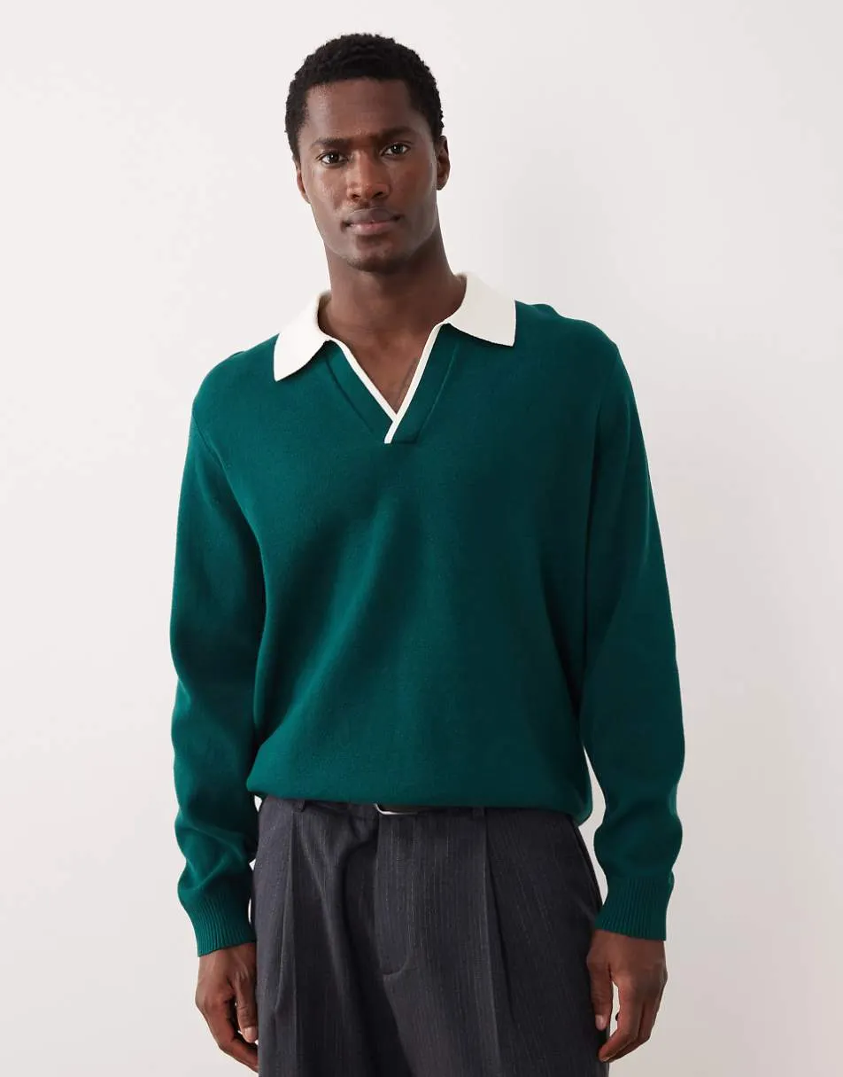 ASOS DESIGN relaxed knitted long sleeve notch neck polo in green