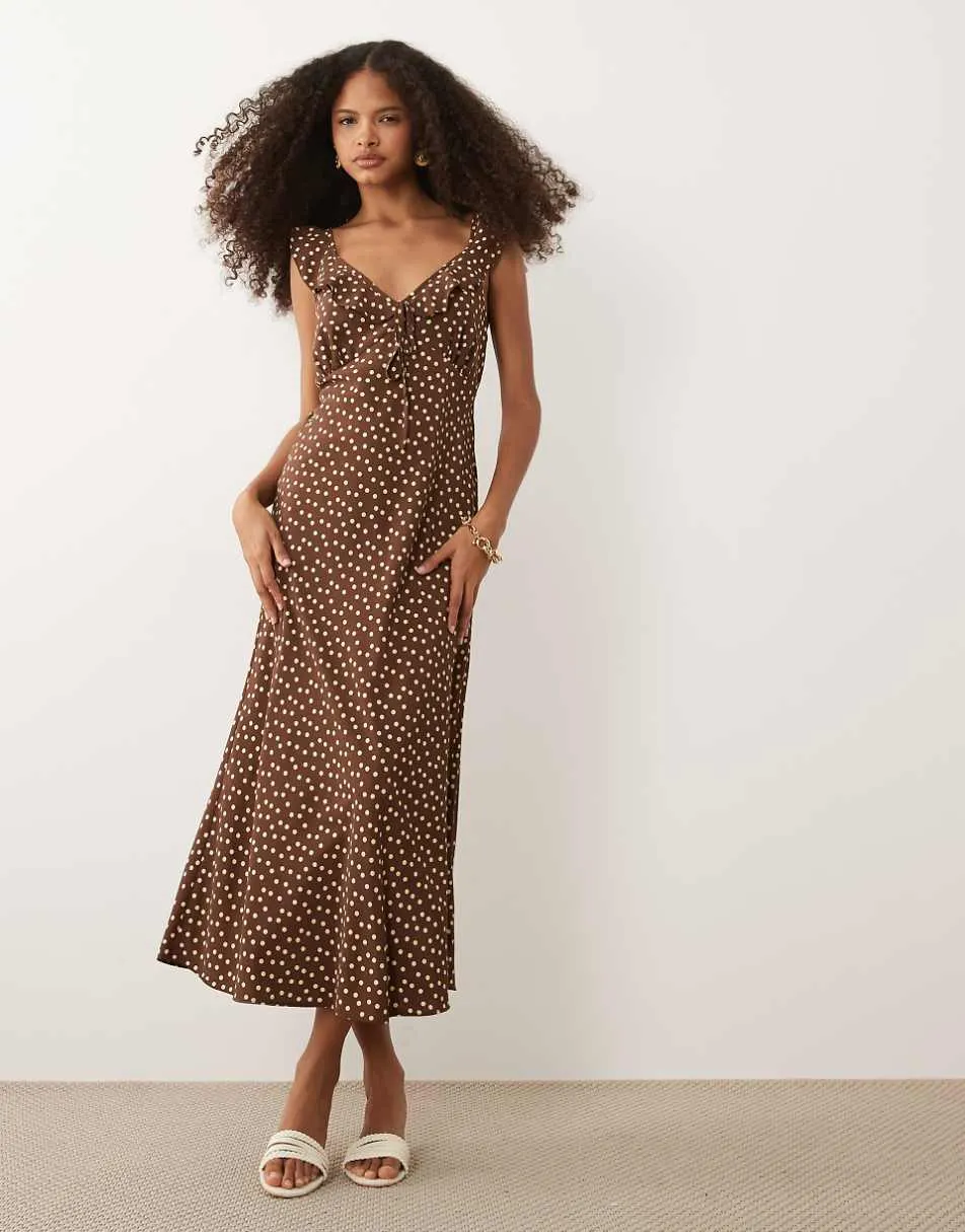 New Look ruffle detail polka dot midi dress in brown