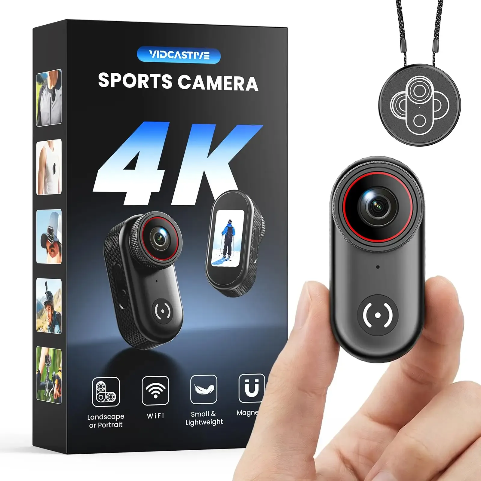VIDCASTIVE 4K Mini Body Camera Wearable POV Action Cam with 1.47" Screen, 150-Min Battery, Magnetic & Clip Mount – Thumb-Size Sports Camera for Work, Travel, Pets and More (64 GB)