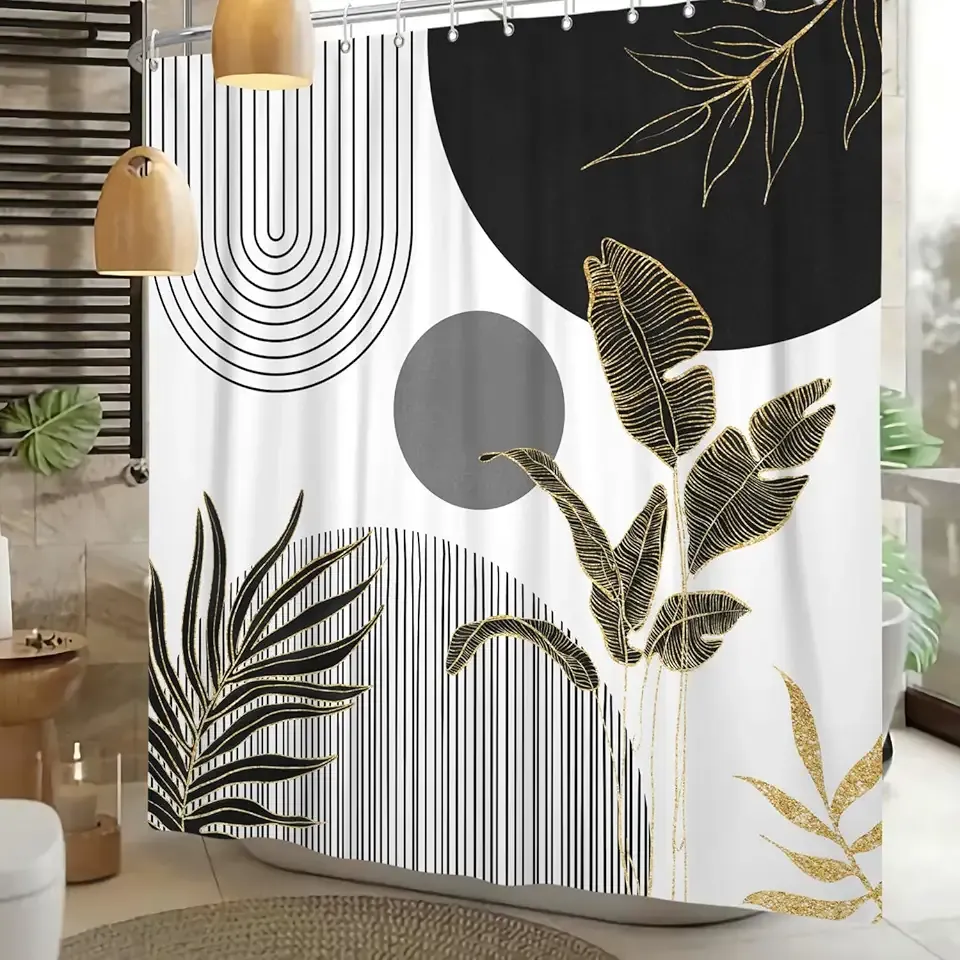 Mid Century Boho Shower Curtain, Abstract Modern Sun Minimalist Aesthetic Shower Curtain, Bohemian Geometric Arch Curve Leaves Neutral Art Fabric Bathroom Curtains Black 72x72 inch