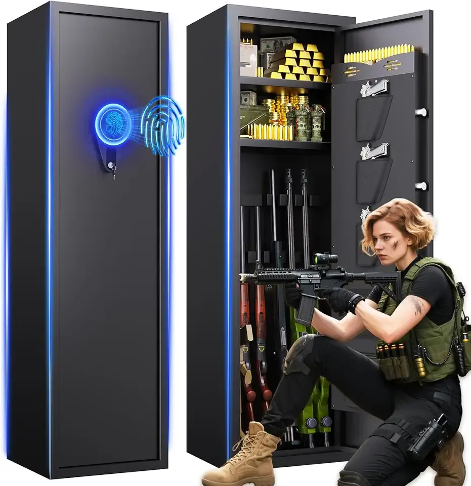 8-12 Gun Safe for Rifles and Pistols,Biometric Fingerprint Lock,No Assembly Required,Fireproof Gun Safe for Home with Removable Gun Shelf,Alarm System,Silent Mode (57"H × 12"D × 14"W)