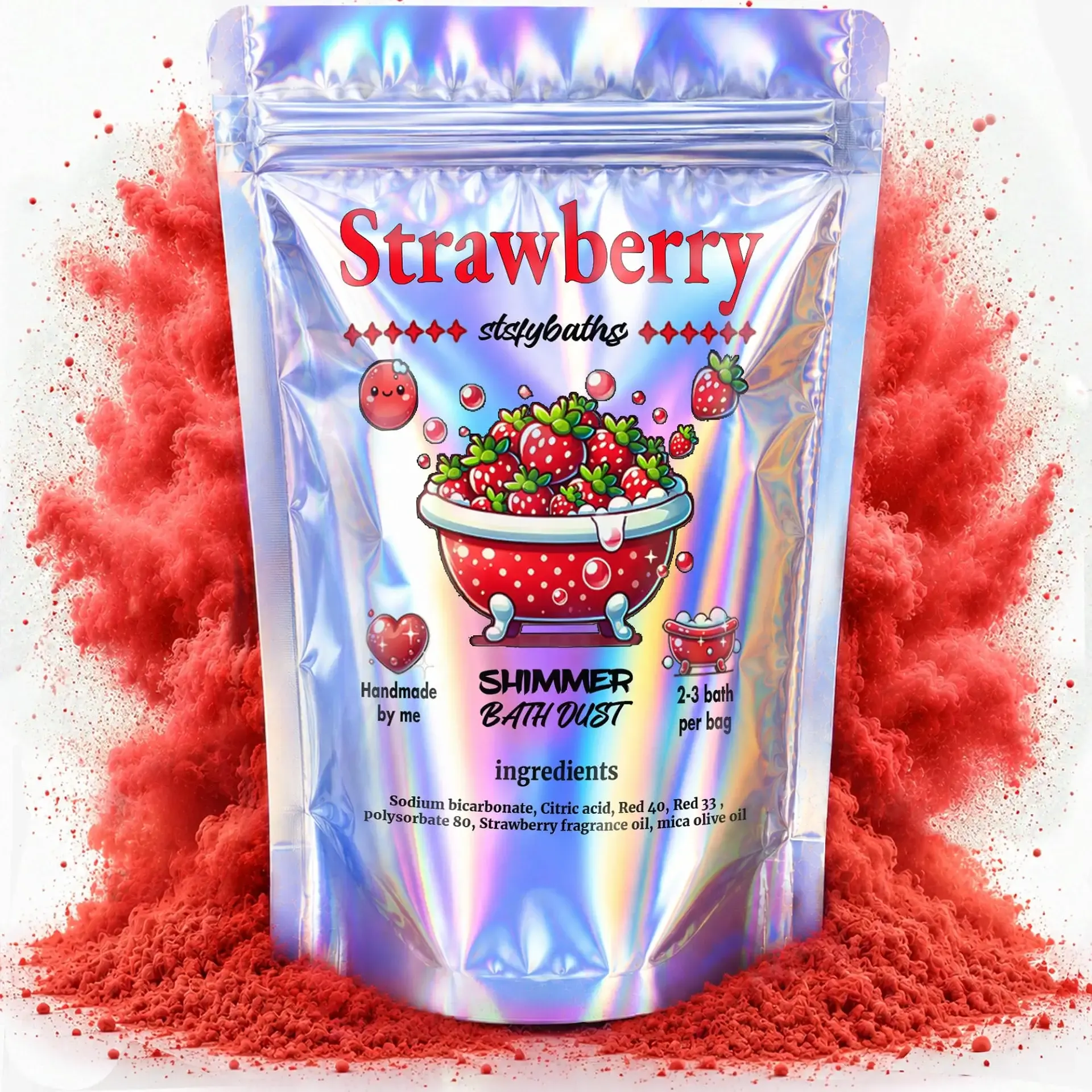 Red Shimmer Bath Bomb in A Bag - Handmade Strawberry Scented Bath Bombs for Women, Kids and Men - Bulk Bathbomb Fizzies Perfect for Boys and Girls All Ages (Small, Red)