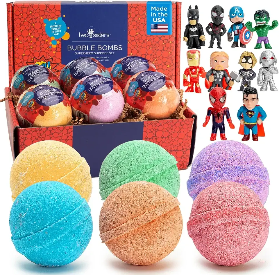 Superhero Bath Bombs for Kids with Surprise Hero Toys Inside, 6 Pack | Large Bubble Bomb Fizzies for Boys, Girls & Toddlers - Fruity Scent, USA Made - Birthday Gift for Kids by Two Sisters